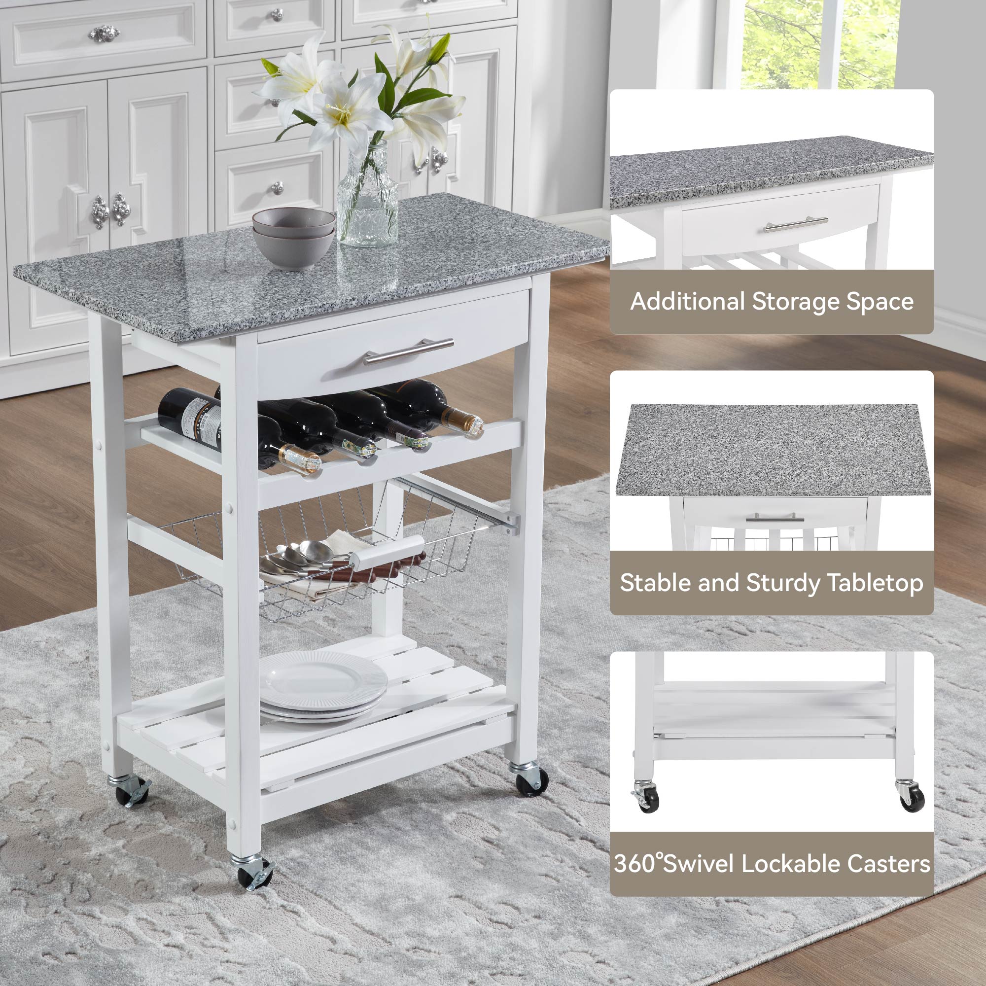 Mobile Rolling Kitchen Island Trolley Serving Cart With Underneath Drawer & Slide-Out Wire Storage Basket_voghion.com